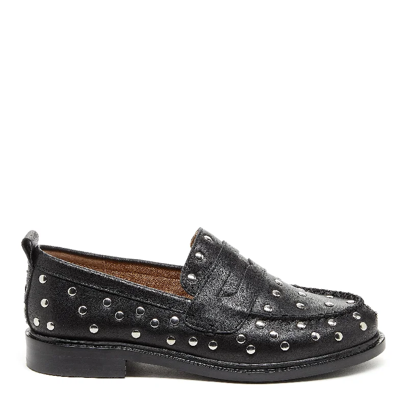 White loafers styling-Lens Black Stud Loafers