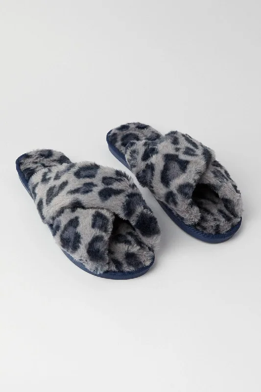 Slippers with low profile-Grey Animal Print Faux Fur Slippers