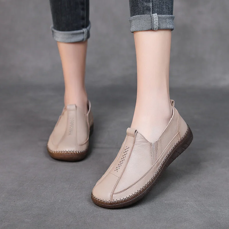 Flats with common areas-Women Summer Soft Leather Casual Slip On Flats Shoes