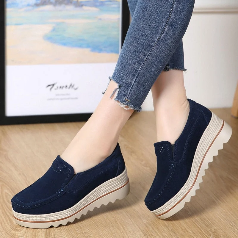 Flats for tight budgets-Spring Women Flats Shoes women Platform Sneakers Leather  Shoes Suede Casual Shoes Women Slip On Flats Heels Creepers Moccasins