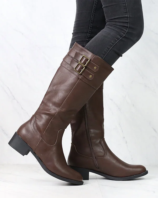 Boots with tall soles-Faux Leather Knee High Riding Boots - Dark Brown