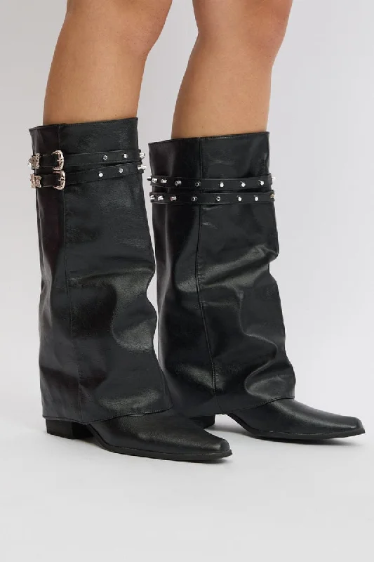 Boots with clean style-Black Foldover Western Boots