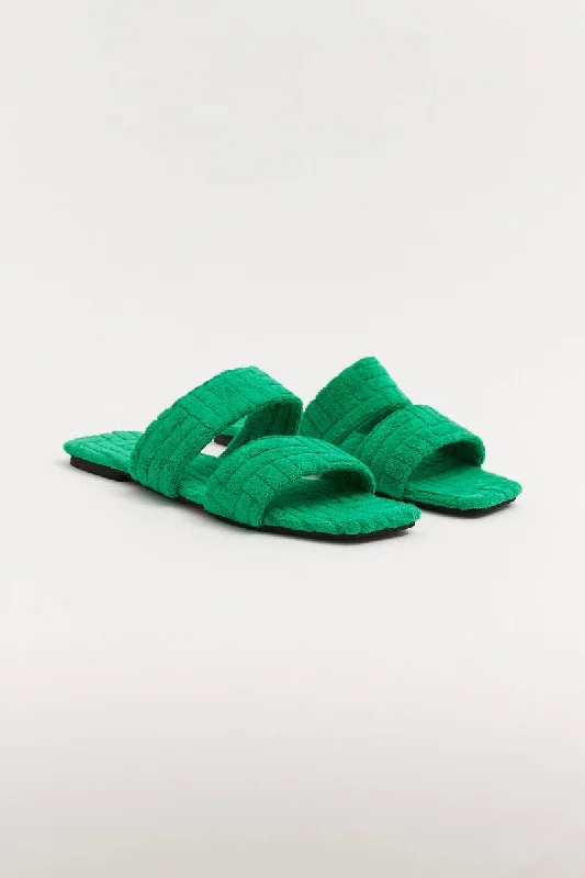 Slippers with unique sole-Green Square Toe Toweling Detail Slippers