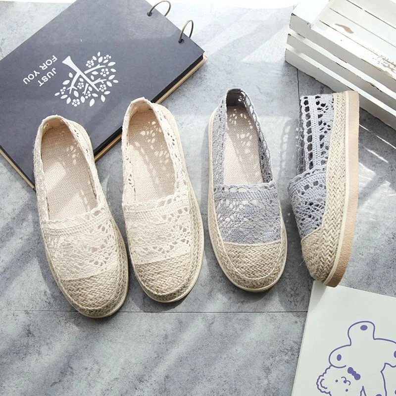 Flats with night security-Summer Casual Lace Flats Linen Braided Fisherman Shoes Foldable Flats