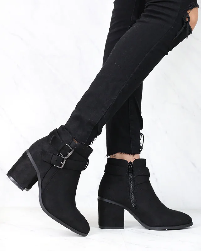 Boots with dim tread-A Grand Entrance Faux Suede Ankle Bootie With Buckle Detail in More Colors