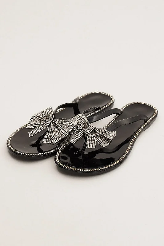 Slippers with trendy patterns-Black Rhinestone and Bow Decor Slippers