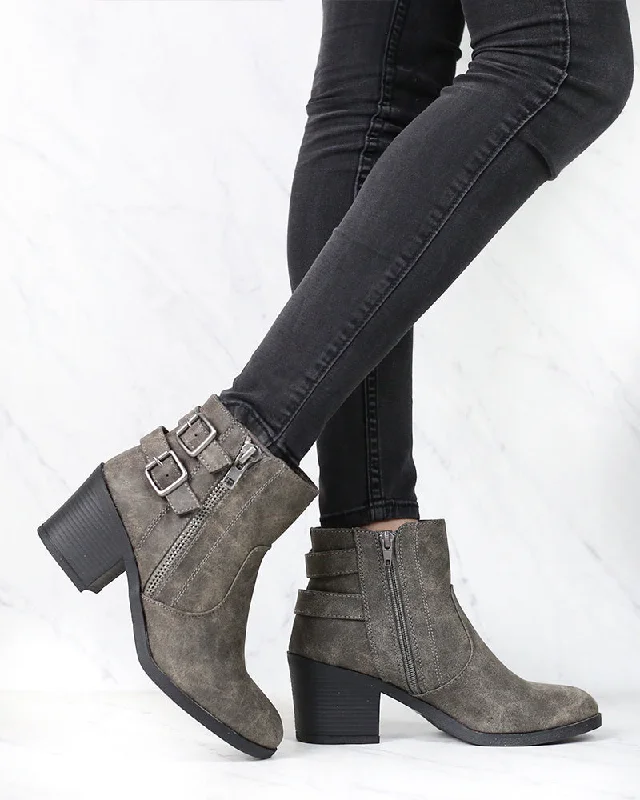 Boots near me-One More Dance Faux Leather Ankle Bootie with Buckle Detail in Grey