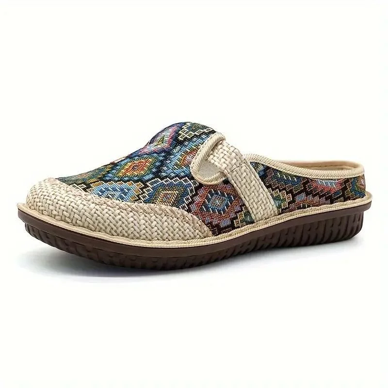 Slippers with chain detail-OCW Women Orthopedic Slipper Vintage Paisley Wedge Cloth Shoes Soft Sole Slip-on Muller