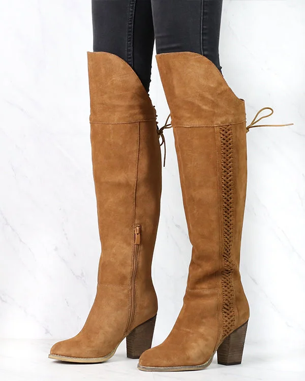 Boots with pull tabs-Sbicca - Gusto Over the Knee Suede Leather Boots in Tan