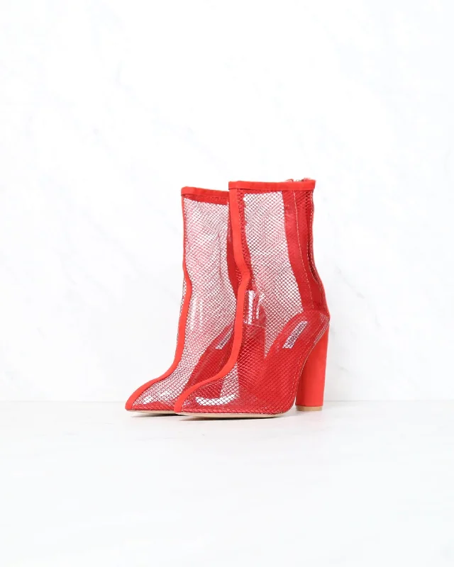 Boots with tiny tread-Cape Robbin - Other Woman Pointed Toe Mesh Heel Bootie in Red