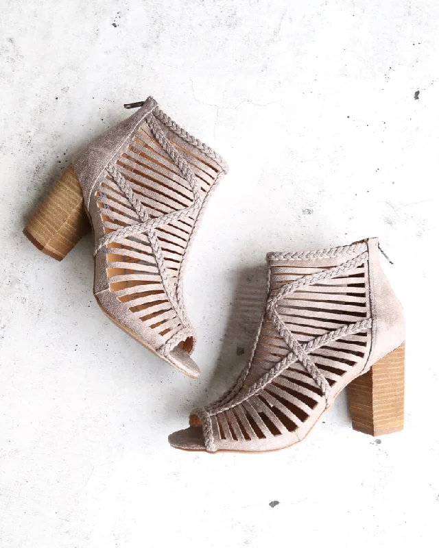 Boots for basic feet-Not Rated - Love To All Woven Cutout Ankle Heeled Bootie in Grey