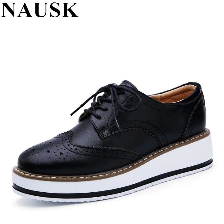 Flats near new zones-NAUSK 2018 Spring Women Platform Shoes Woman Brogue Patent Leather Flats Lace Up Footwear Female Flat Oxford Shoes For Women