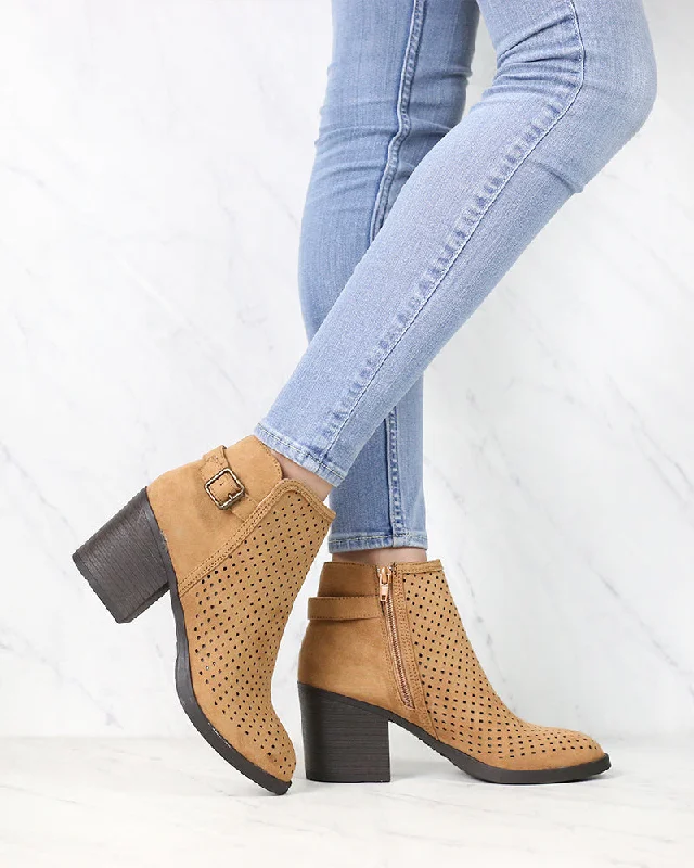 Boots with roof soles-Diamond Perforated Back Buckle Faux Suede Ankle Bootie in Tan