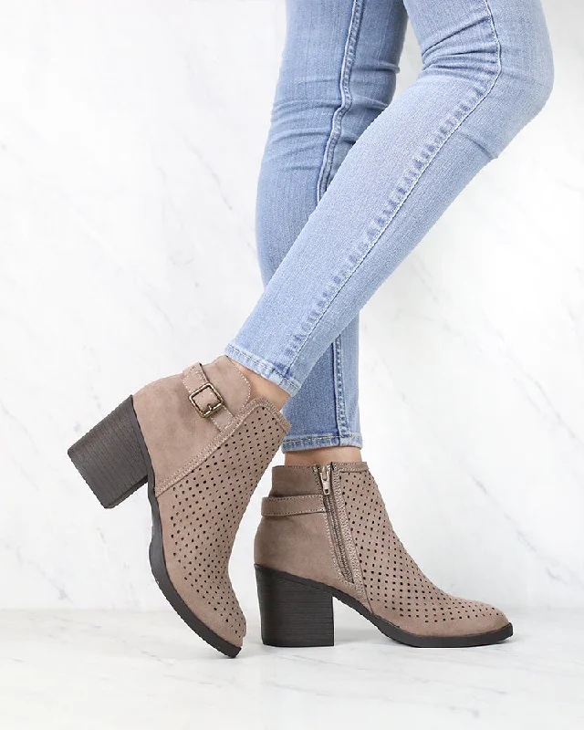 Boots with wide tread-Diamond Perforated Back Buckle Faux Suede Ankle Bootie in Light Taupe