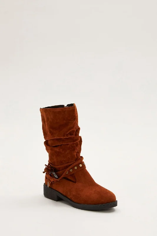 Boots with open fit-Brown Suedette Buckle Slouch Boots