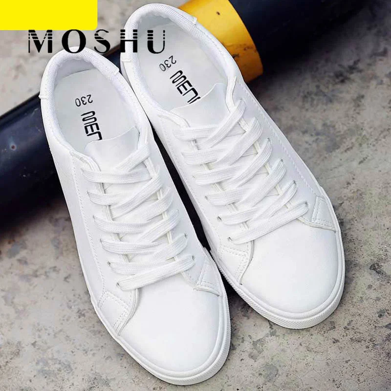 Flats near game venues-Women White Sneakers Tenis Feminino PU Leather Vulcanized Shoes Ladies Trainers Casual Flats Lace-Up Zapatillas Mujer