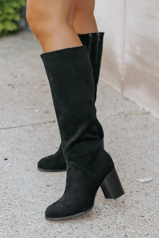 Boots with quiet soles-Black Suede Knee High Boots