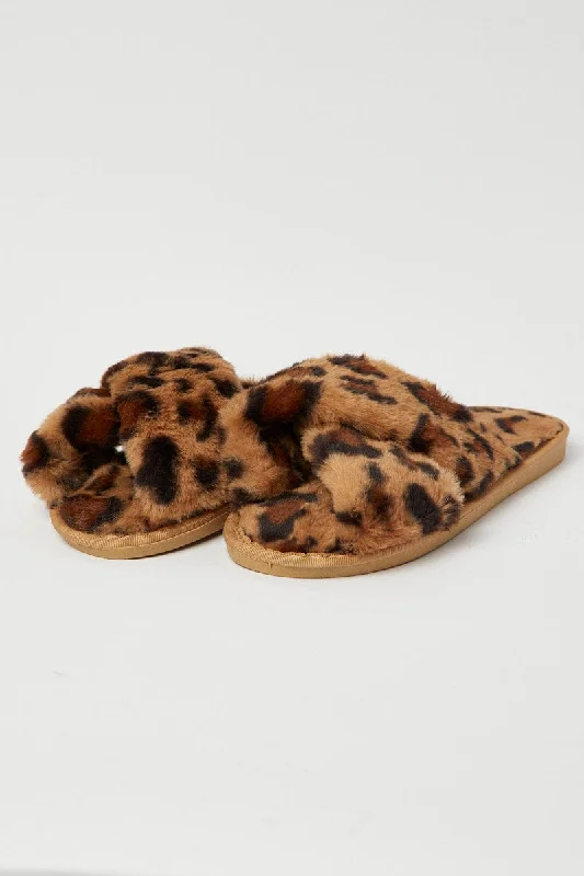 Slippers for polished look-Brown Animal Print Faux Fur Slippers