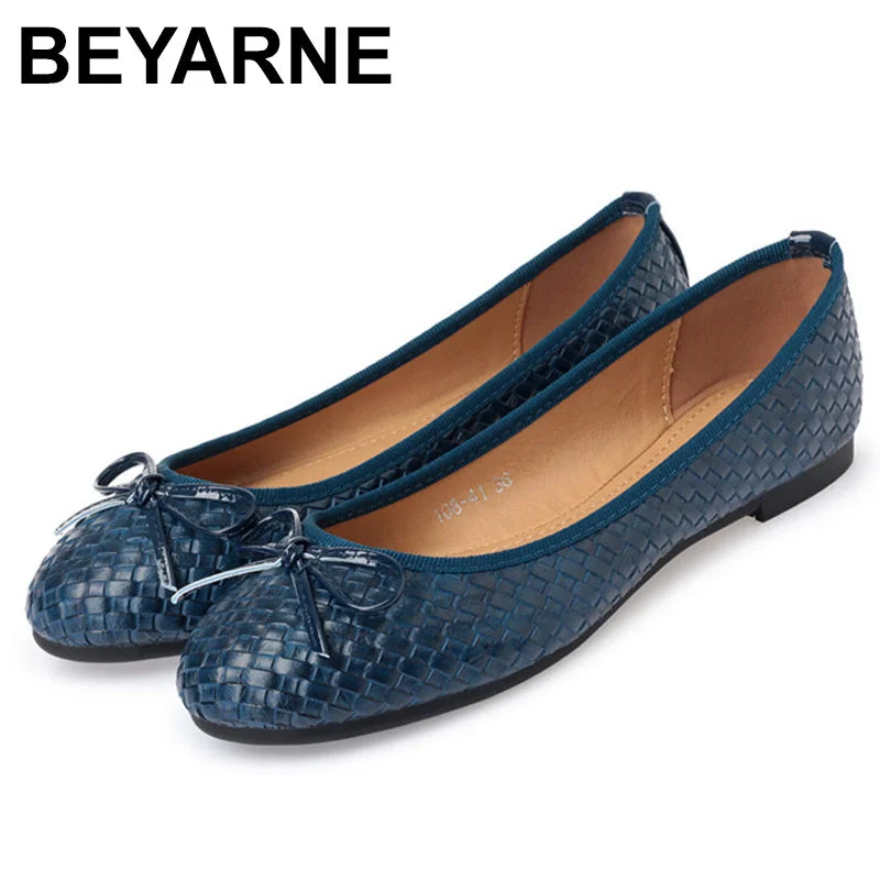 Flats near trade fairs-BEYARNELadies Casual Flat Shoes Spring Bowtie Flats Women Round Toe Slip-on Ballet Flats Knitted Pu Leather Ballerinas FlatsE501