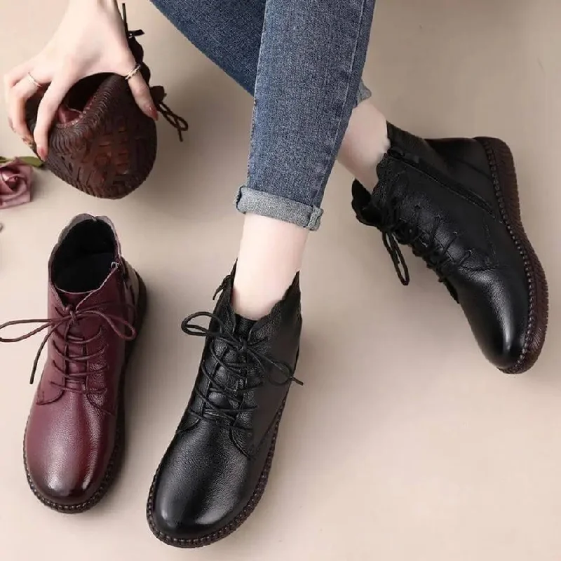 Simple Oxford Flat Leather Shoes Ladies Short Plush Boots Zipper