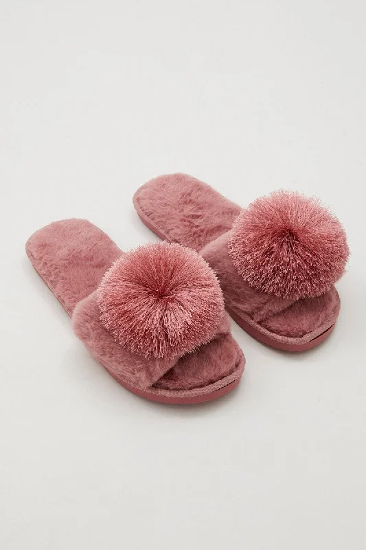 Slippers for minimalist chic-Pink Plush Pom Pom Detail Mule Slippers