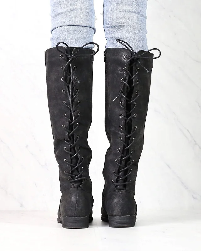 Boots with heels-Laced Up Weathered Riding Boots in Black