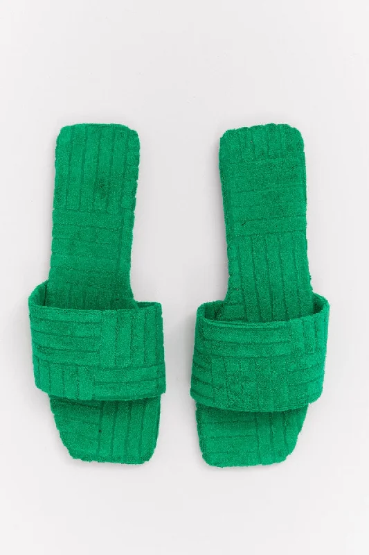 Slippers for sleek finish-Green Square Toe Toweling Detail Slippers