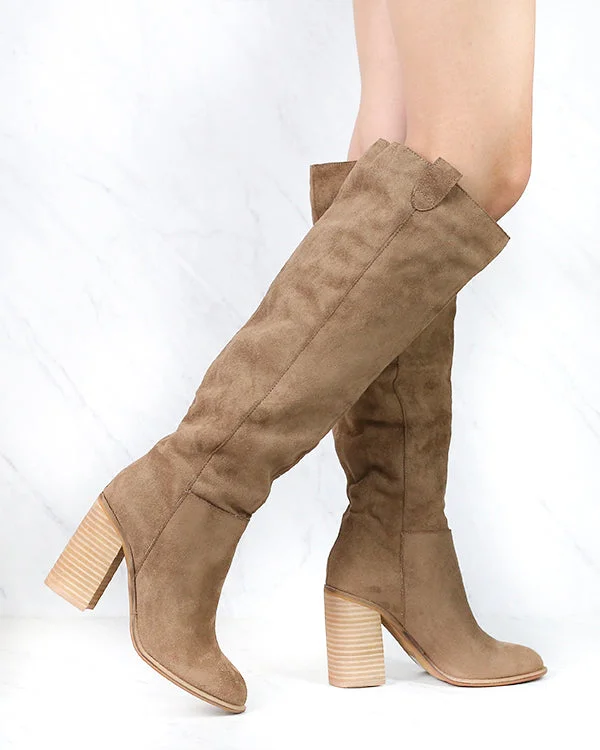 Boots with green tread-Saint Slouch Box Cut Knee High Suede Block Heel Boot in Camel