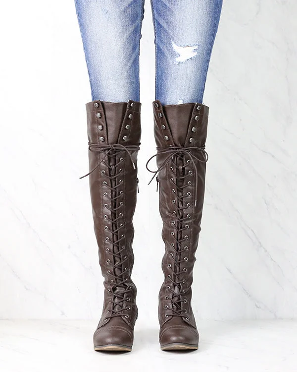 Boots short length-Over The Knee Laced Up Boots in Dark Brown