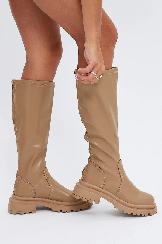 Boots with workout soles-Beige Chunky Knee High Boots