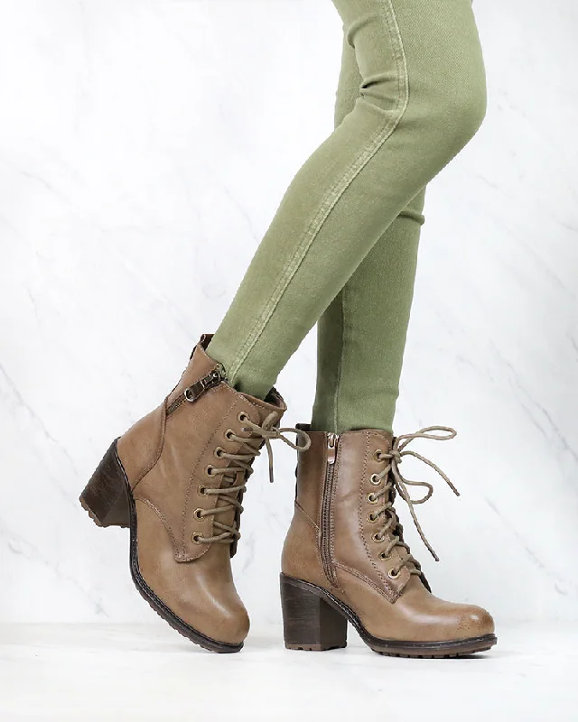 Boots with quiet grip-Amelia Distressed Bootie in Khaki