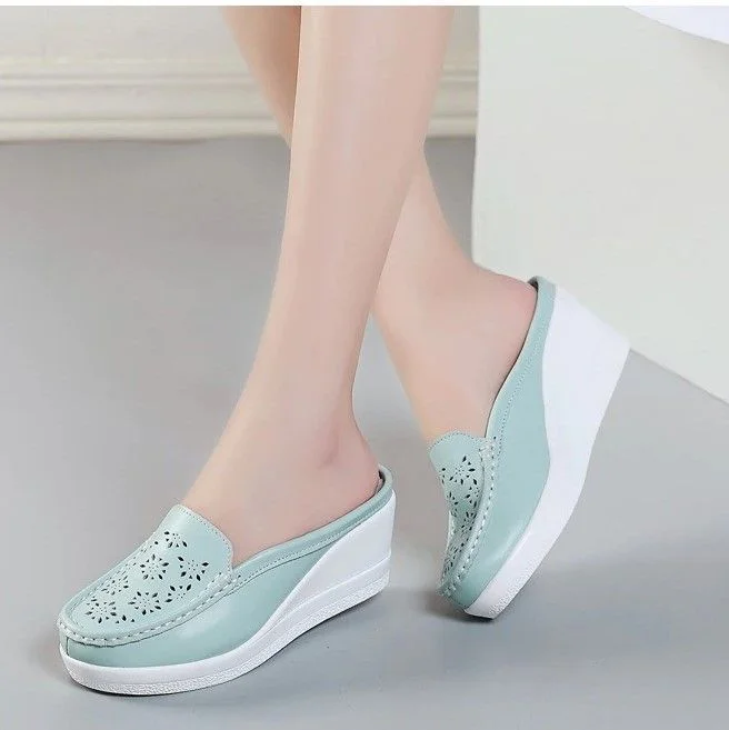 Slippers with round toe-OCW Women's Summer Platform Shoes Closed-Toe Casual Hollow Half Slippers