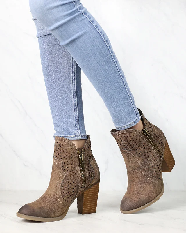 Boots near town events-Not Rated - Gretchen Laser Cut Ankle Bootie in Tan