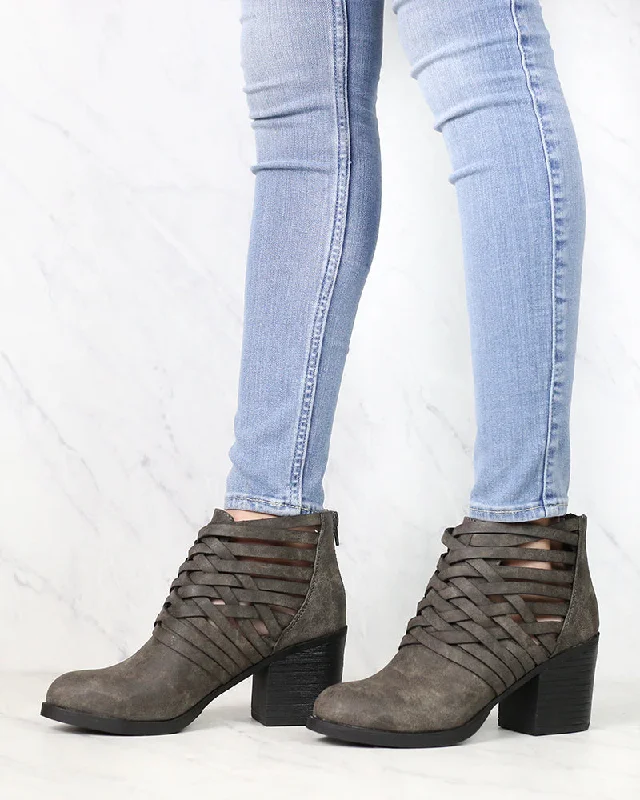 Boots with park soles-Strappy Woven Vamp Chunky Heel Bootie in Grey