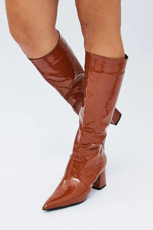 Boots near wildlife areas-Brown Knee High Boots in Patent Faux Croc