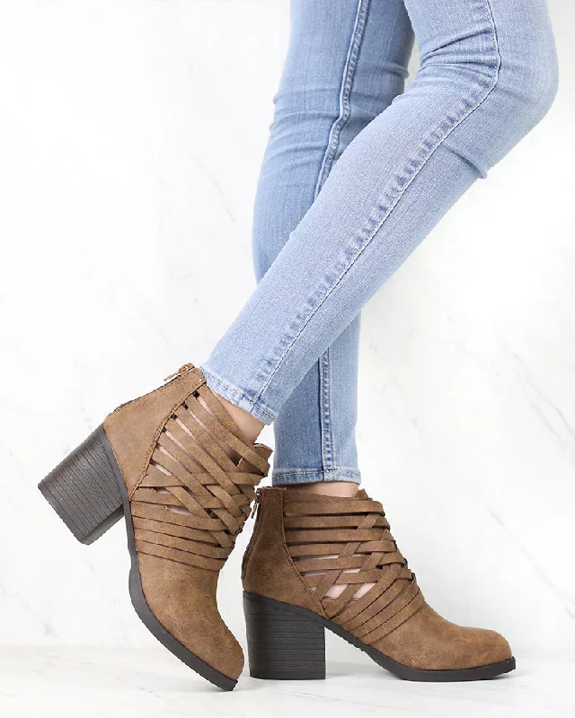 Boots near urgent care-Strappy Woven Vamp Chunky Heel Bootie in Camel