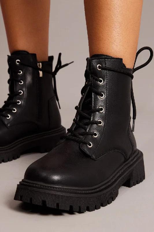 Boots with gated soles-Black Boots Chunky Lace up