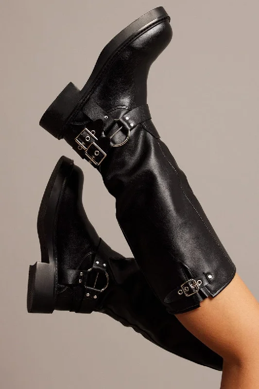 Boots for lone wear-Black Buckle Detail Biker Boots