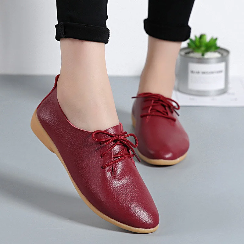 Flats with crisp interiors-Women flats genuine leather shoes summer fashion casual comfortable women shoes solid lace-up shoes woman female ladies shoes