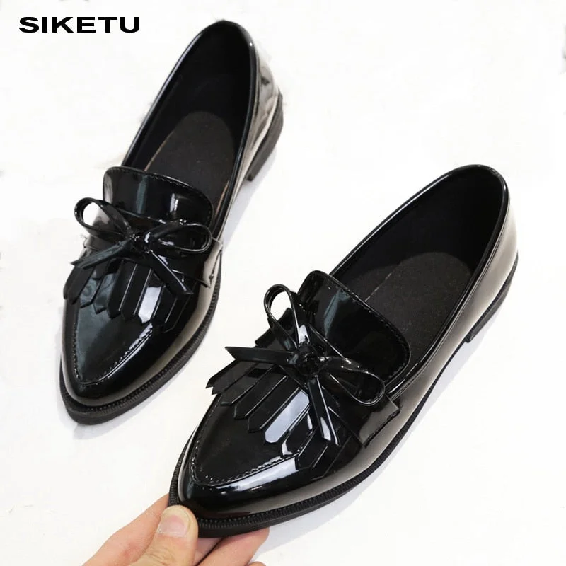 Flats with wash units-Brand Shoes Woman Casual Tassel Bow Pointed Toe Black Oxford Shoes for Women Flats Comfortable Slip on Women Shoes Free Gift