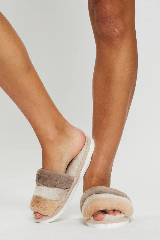 Slippers with modern twist-Beige Plush Faux Fur Stripe Mule Slippers