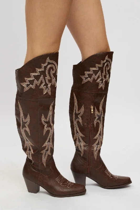 Boots near city parks-Brown Over The Knee Western Boots