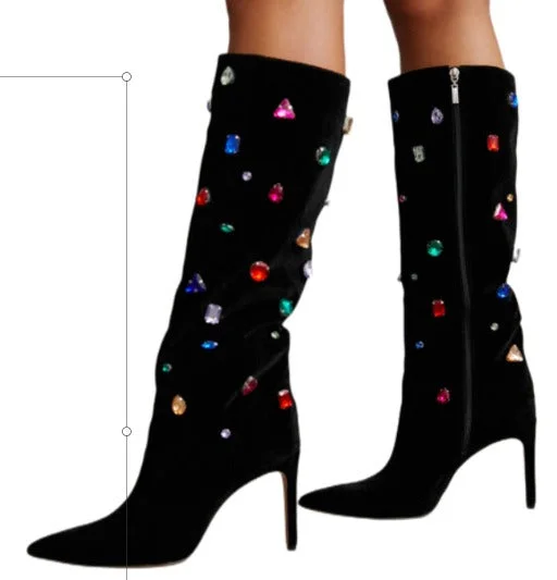 Boots for budget feet-Black High Heel Crystal Decor Boots