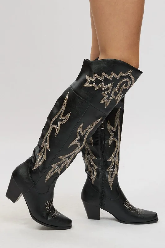 Boots with top soles-Black Over The Knee Western Boots