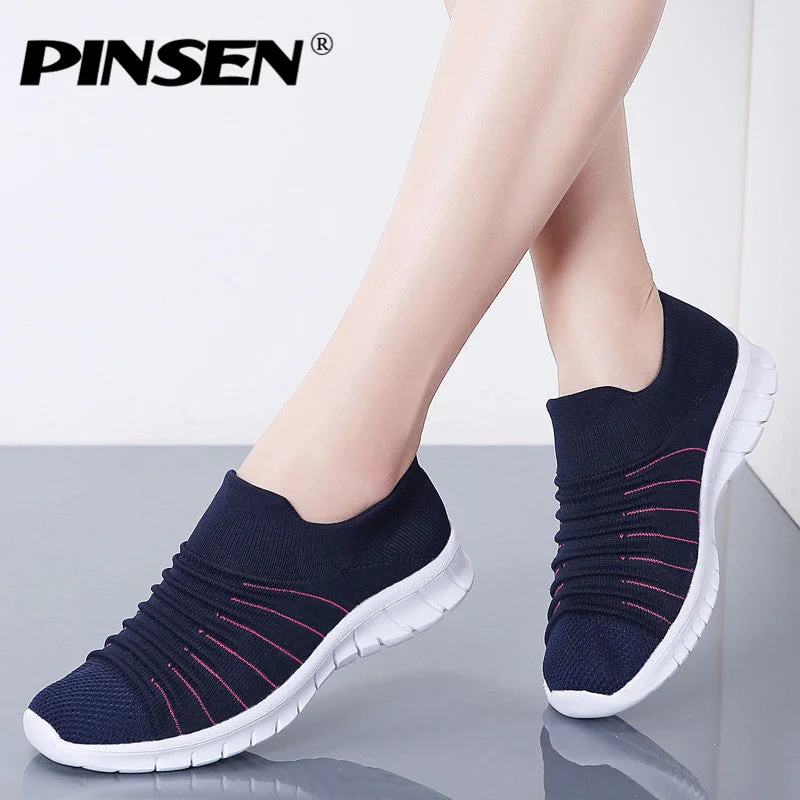 Flats for brief trips-PINSEN Sneakers Women Flats Shoes Summer Breathable Flying Weaving Casual Shoes Woman Slip-on creepers moccasins Ladies Shoes