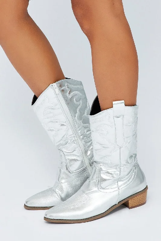 Boots with neat grip-Silver Festival Western Metallic Cowboy Boot