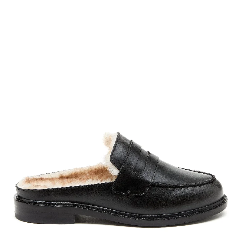 Loafers with embroidery-Lock Black Faux Fur Loafer Mules