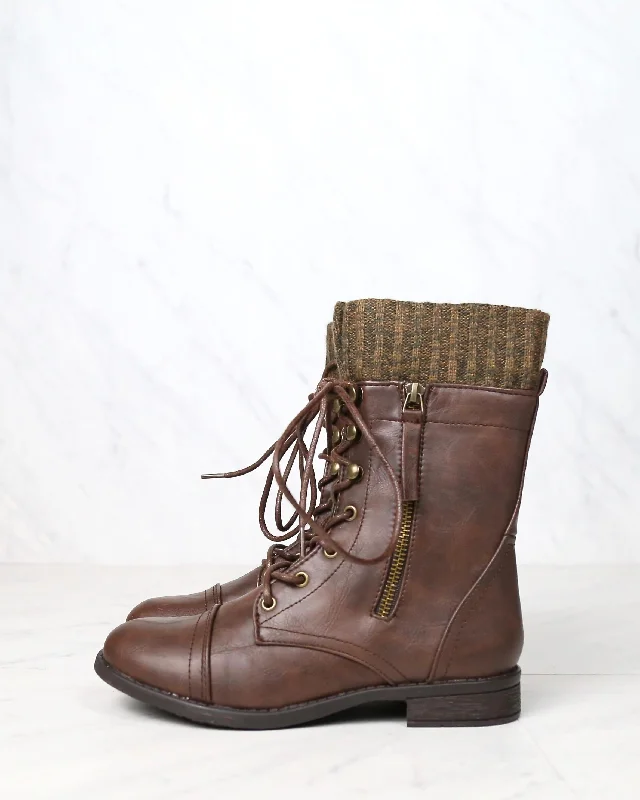 Boots low heel-Final Sale - The Combat Sweater Cuff Mid Calf Boots in Brown