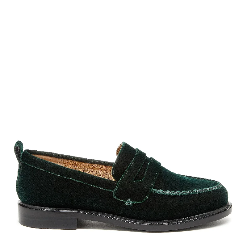 Waterproof loafers women-Lens Dark Green Velvet Loafers